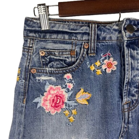 American Eagle Womens Embroidered Floral Denim Mini Skirt Size 2 Festival Boho - Picture 2 of 15
